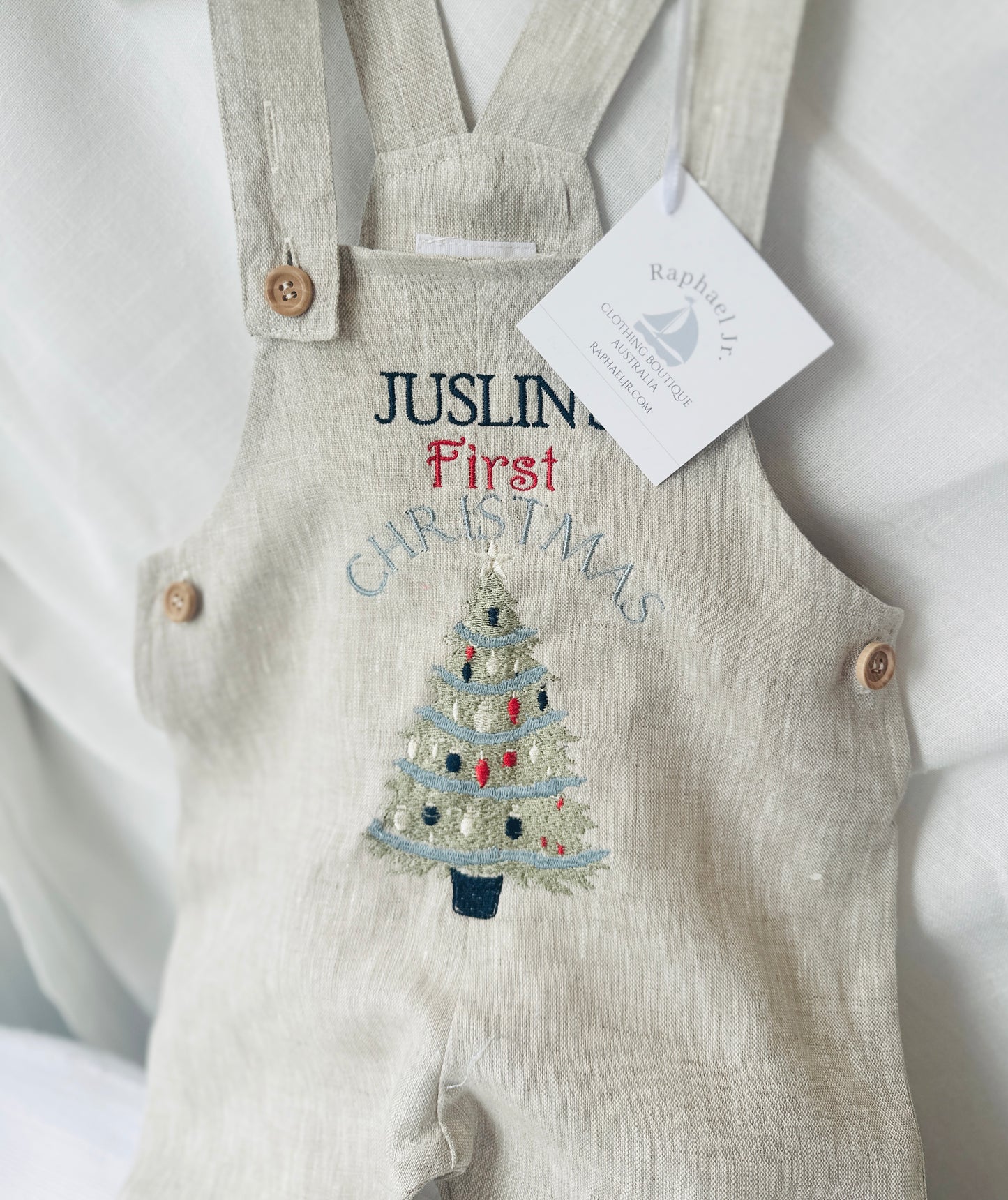 Boys Beige Linen Christmas overalls romper customisable