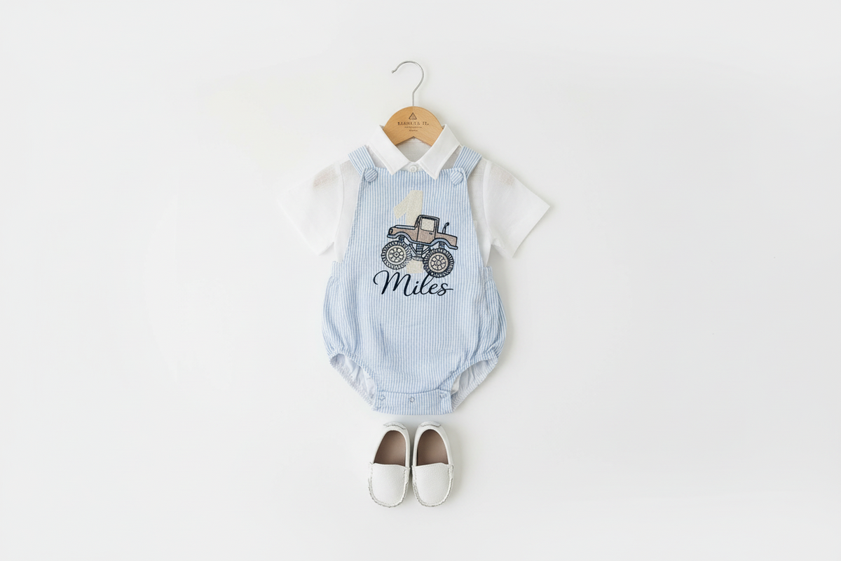 Boys White Linen First Birthday overalls romper one silly goose onederful world oneder the sea teddy car balloons and more