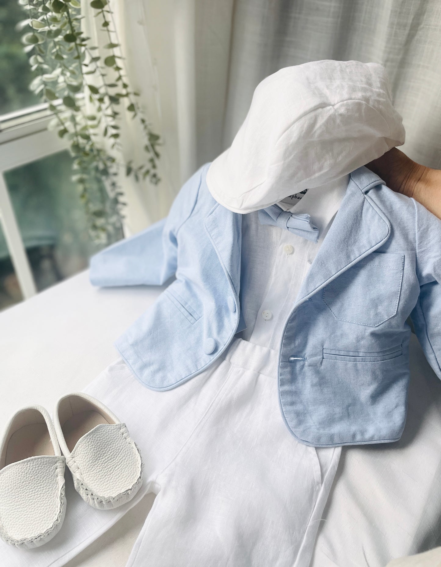 White and blue linen Baptism or Wedding Suit with Accessories and Embroidery Available