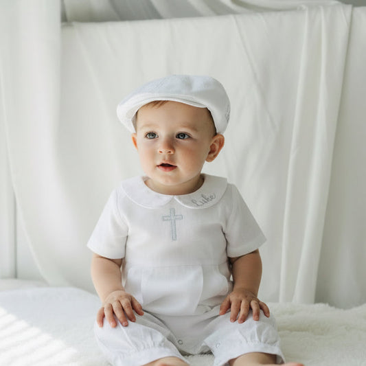 Linen Baptism 3/4 length jumpsuit with optional cardigan and embroidery