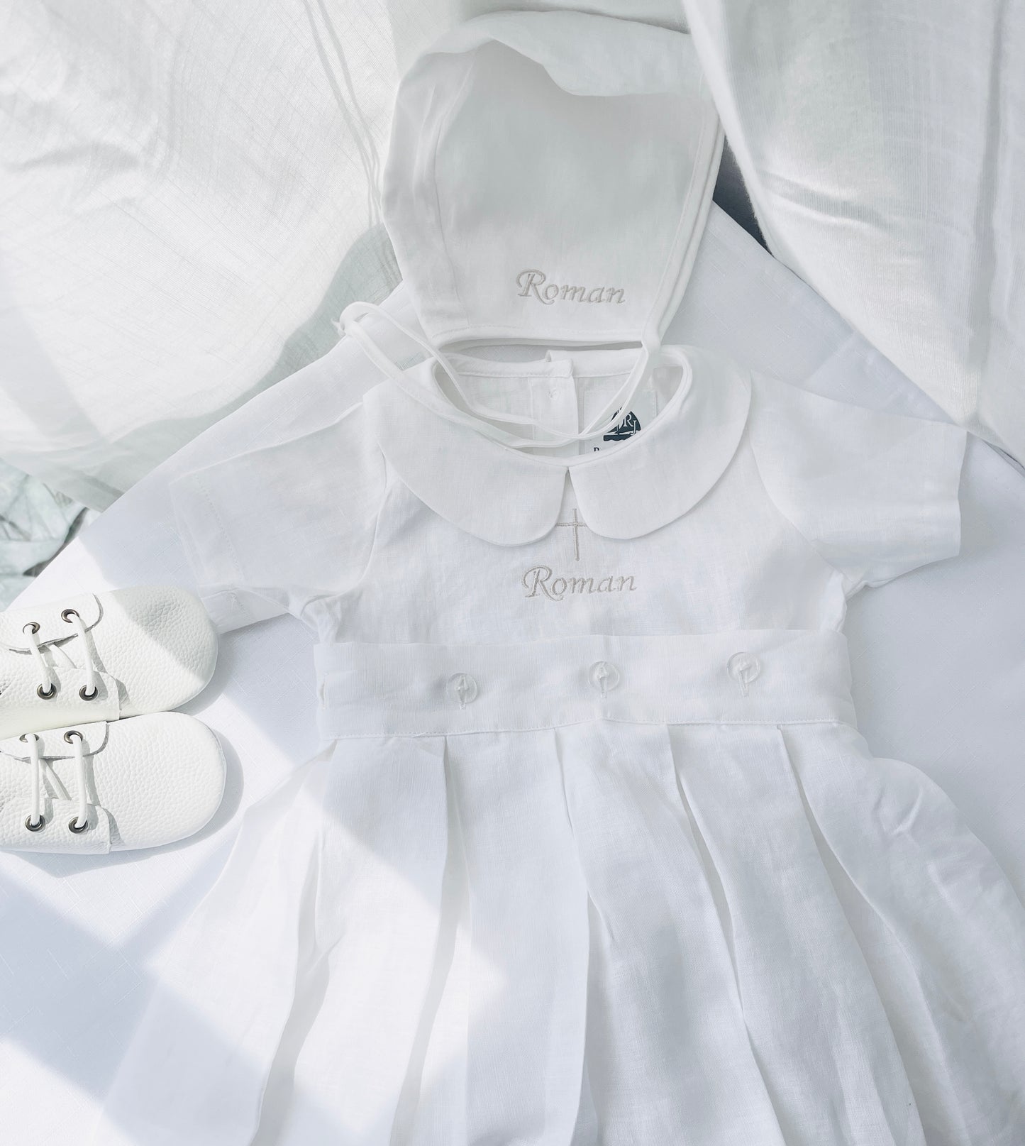 White Linen Baptism Gown romper with detachable skirt dress and optional embroidery