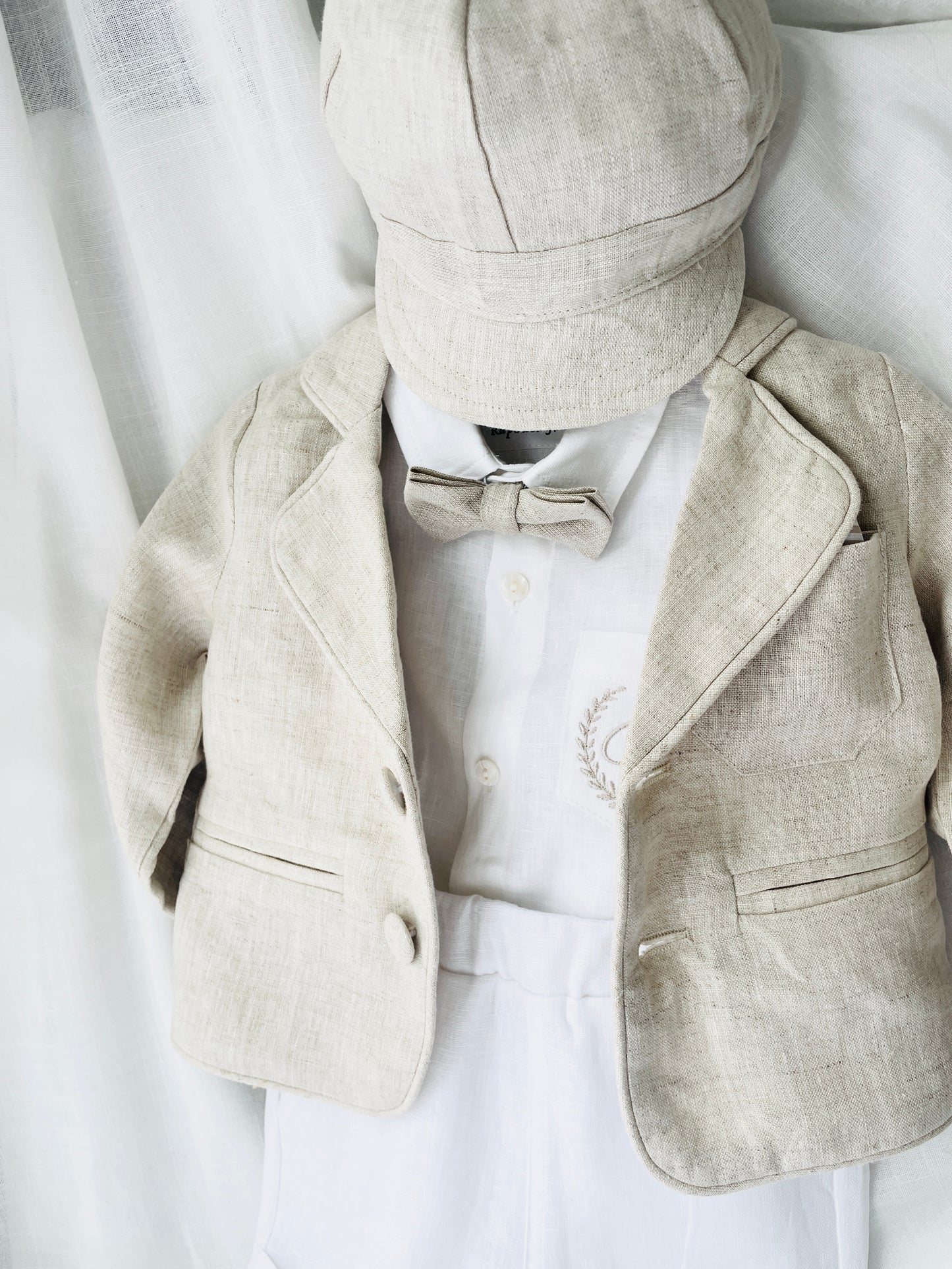 White and Beige Linen Set with optional Jacket Accessories and Embroidery Available