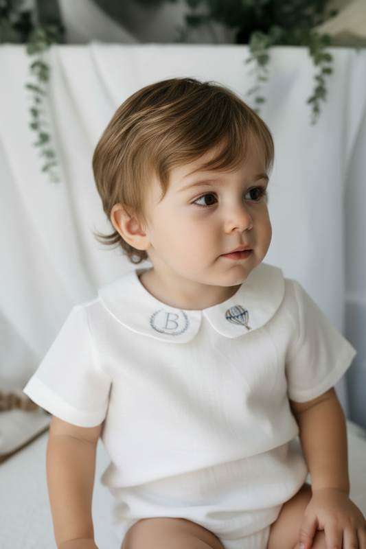 Beige and white linen Birthday and Baptism blouse with suspender shorts set