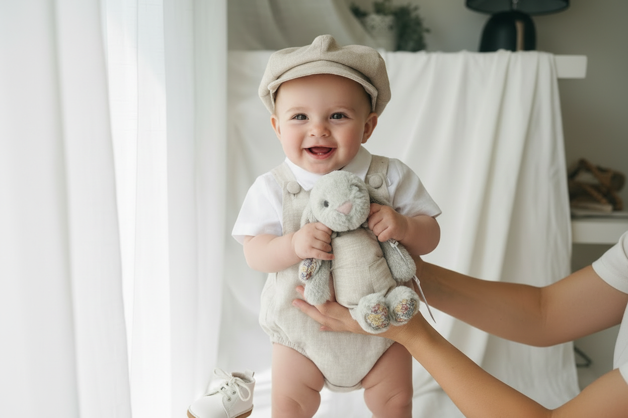 Beige linen baptism romper and shirt set