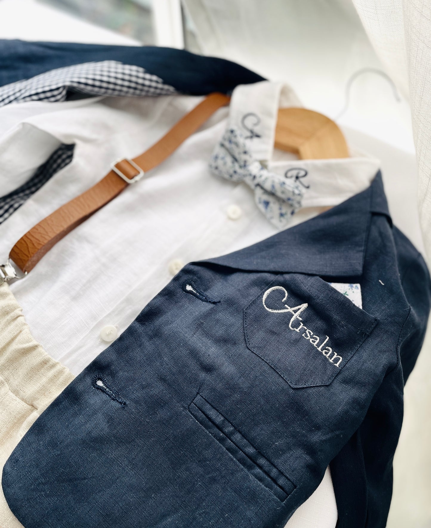 Navy blue and beige formal baptism or wedding suit with accessories and optional personalisation