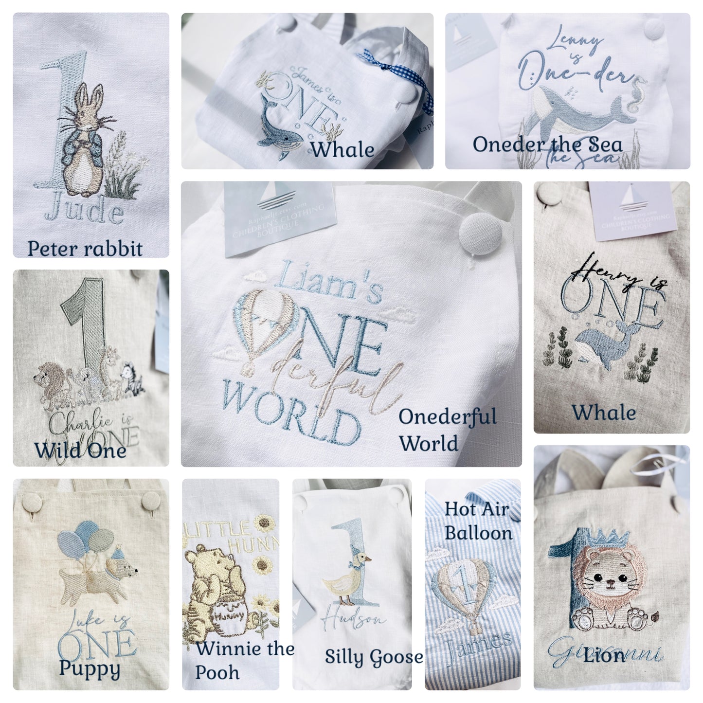 Boys Beige Linen Birthday overalls romper dungarees safari balloon fast car wild sea themes