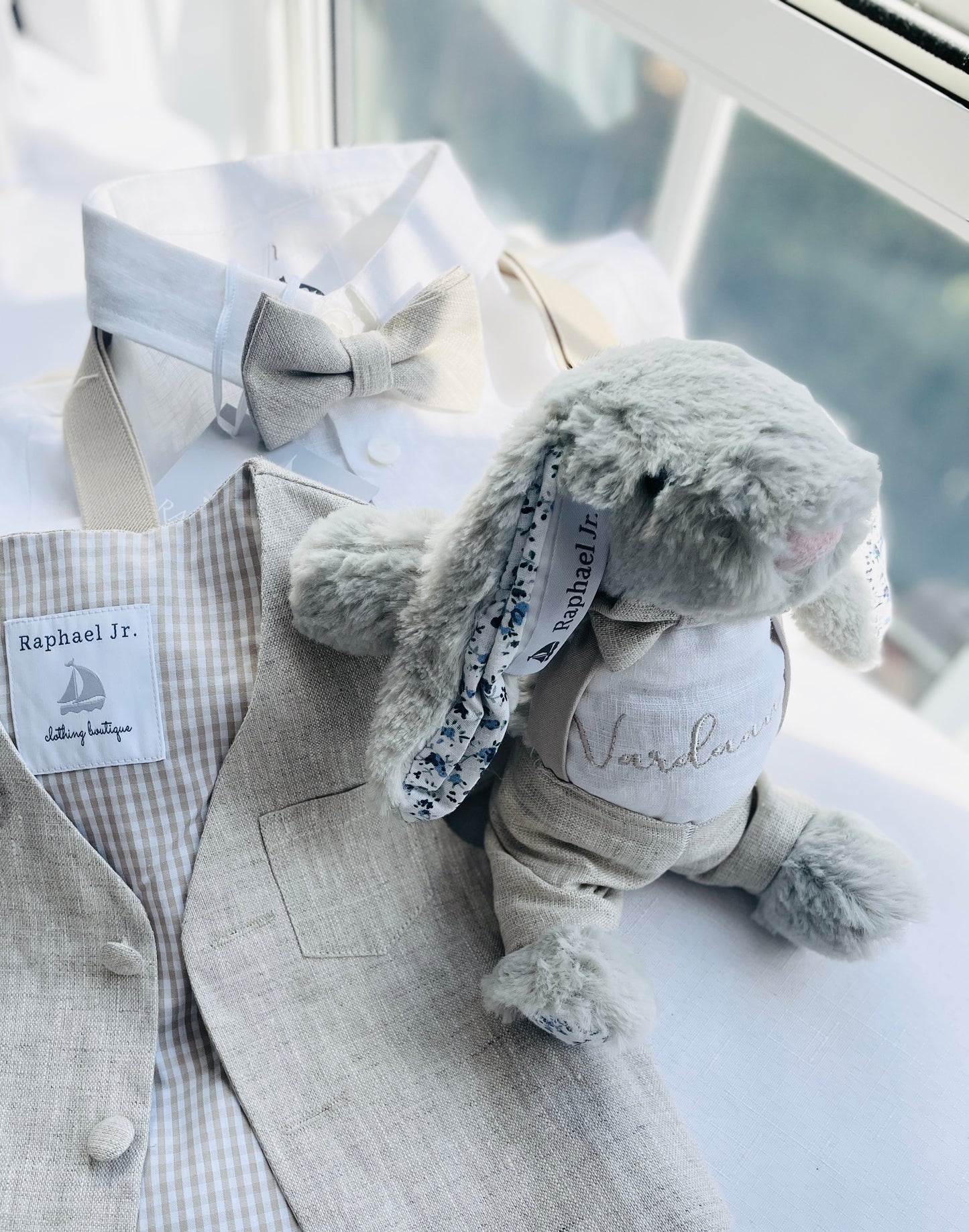 Beige linen set with vest, shirt, pants, suspenders and bowtie plus optional jacket, cap and shoes