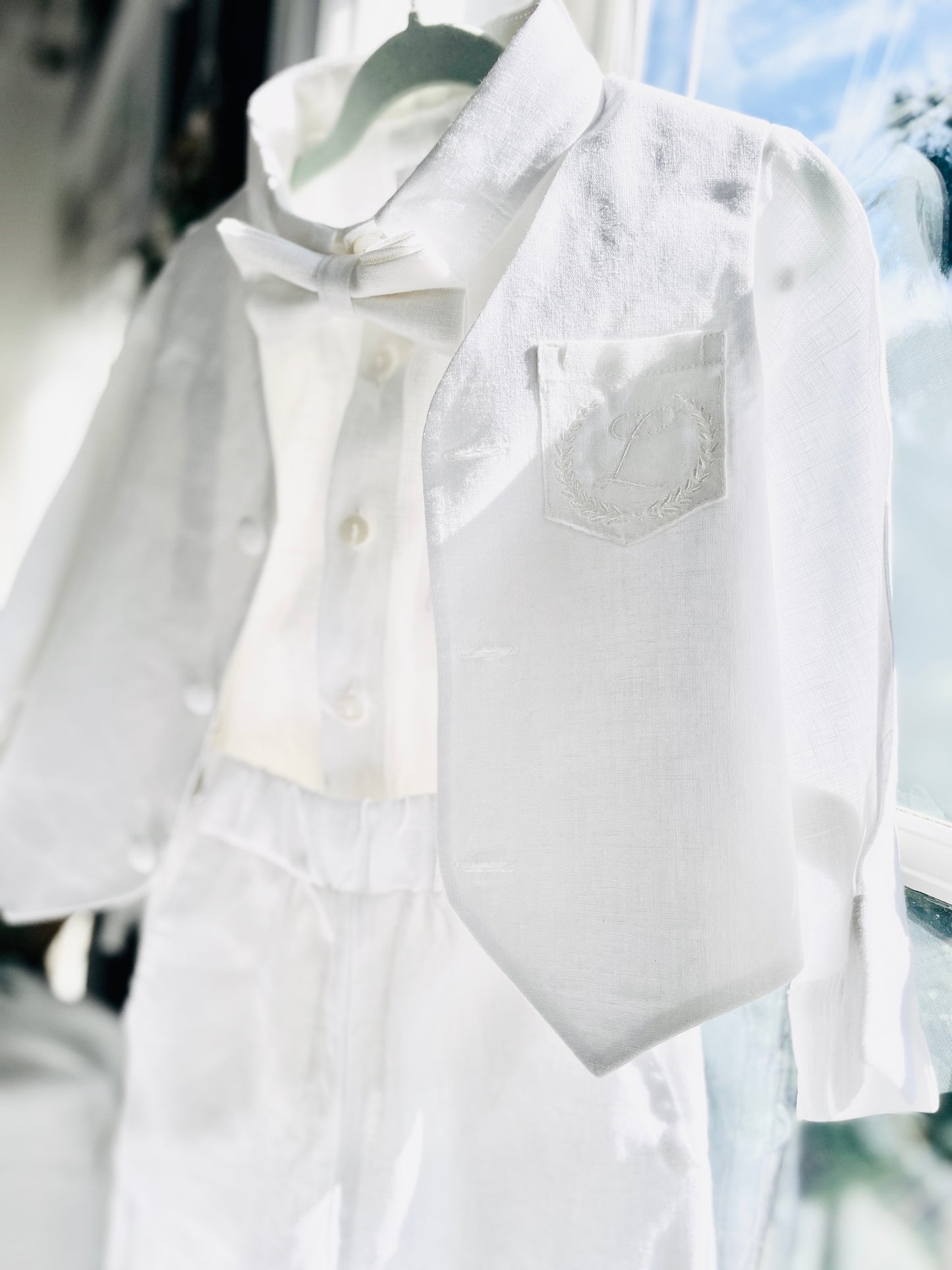 Baby and Toddler Boys white linen full length set with vest, shirt, pants, suspenders and bowtie