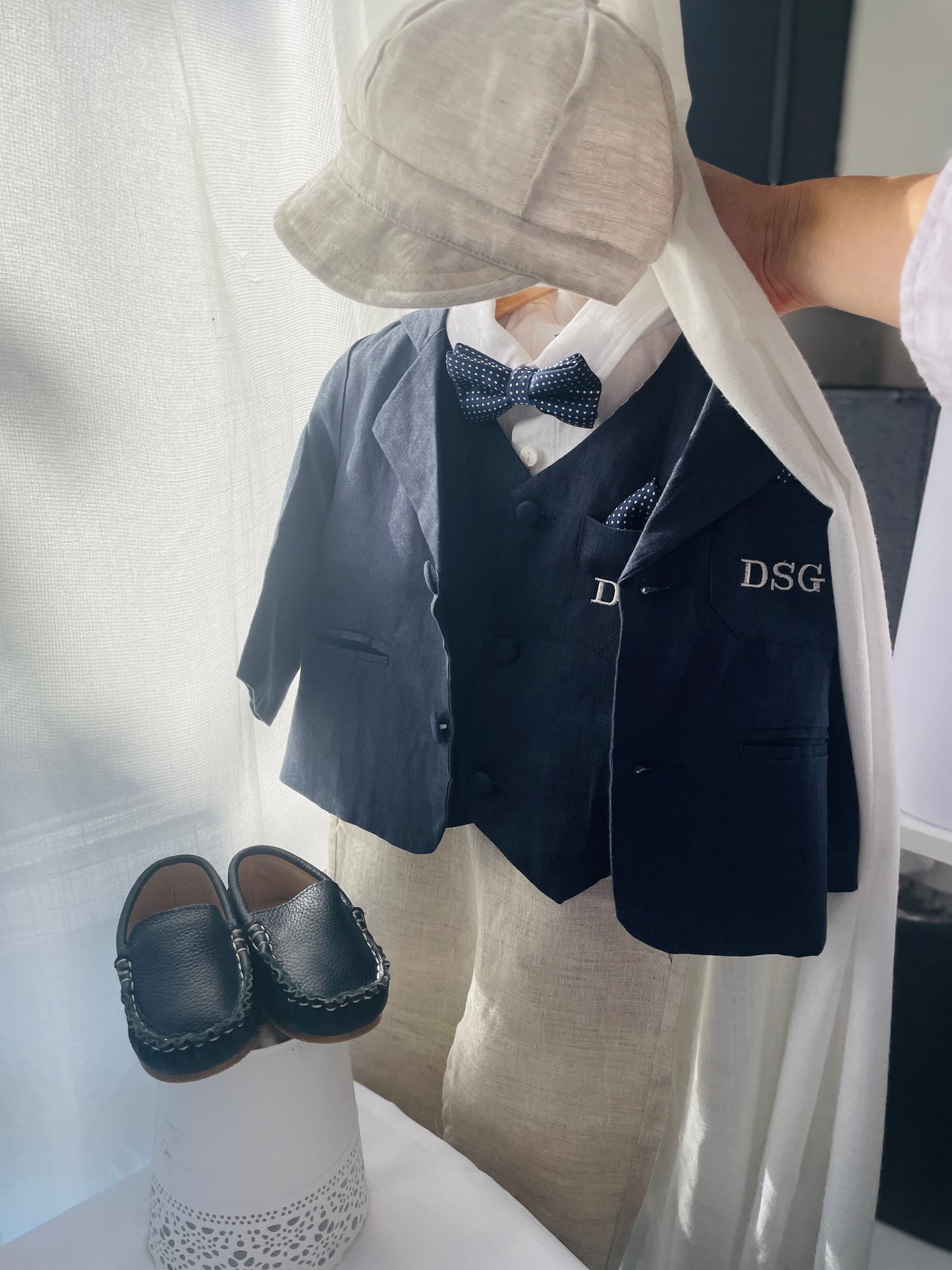 Navy blue linen suit with vest, pants, shirt, suspenders and bow tie plus optional jacket, embroidery, shoes and cap