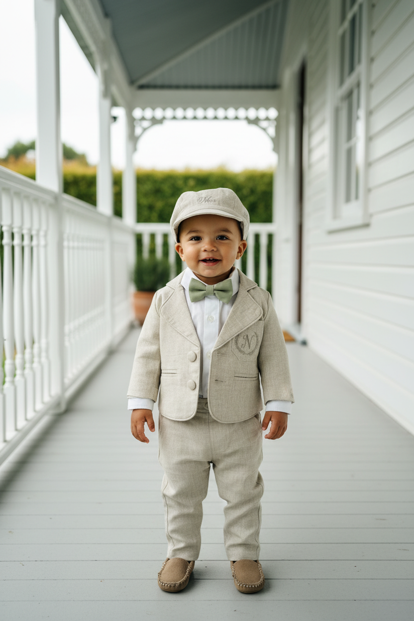 Beige Linen vest suit, shirt, pants, suspenders and bowtie plus optional jacket, cap and shoes
