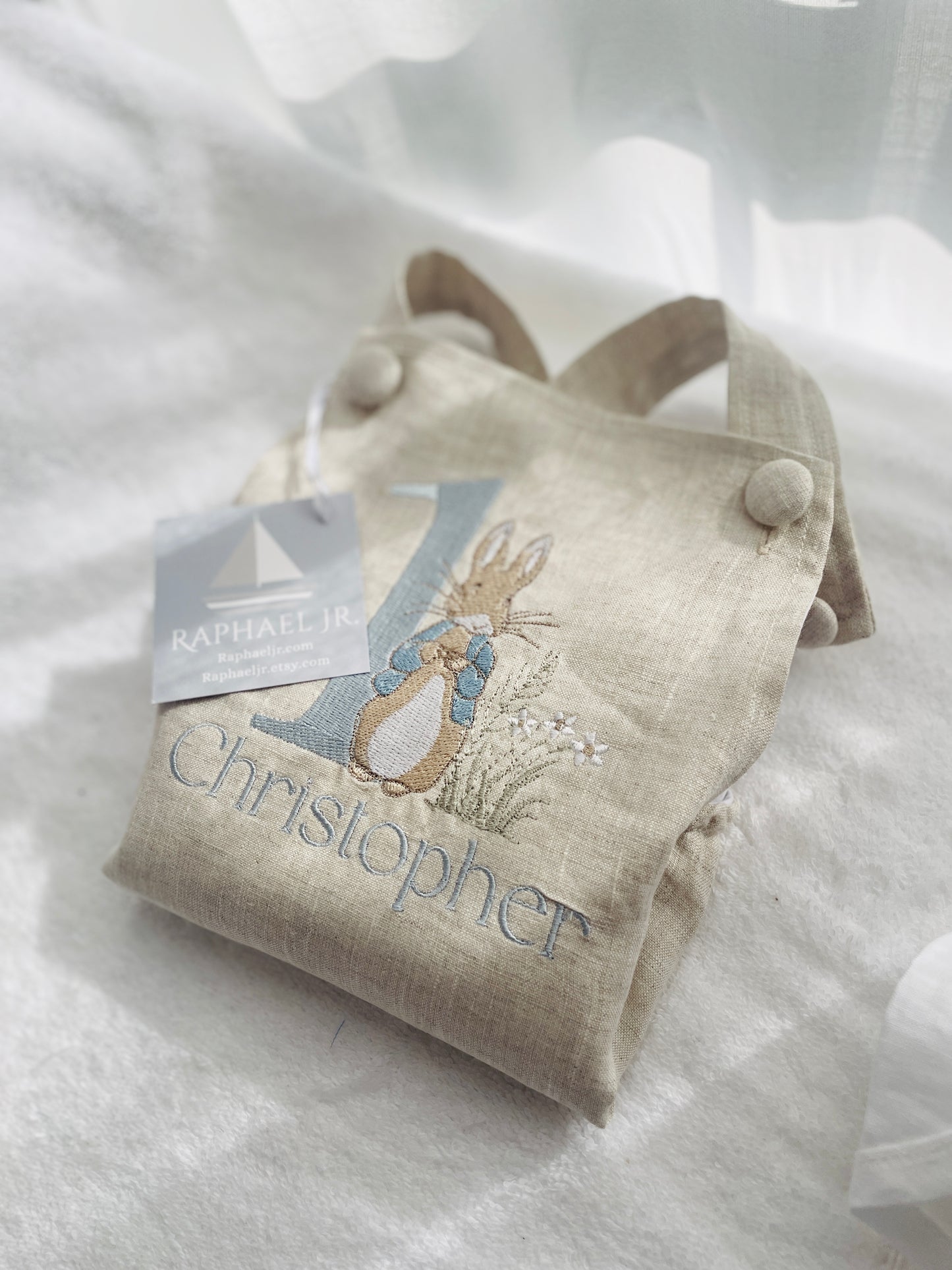 Boys Beige Linen Birthday overalls romper dungarees safari balloon fast car wild sea themes