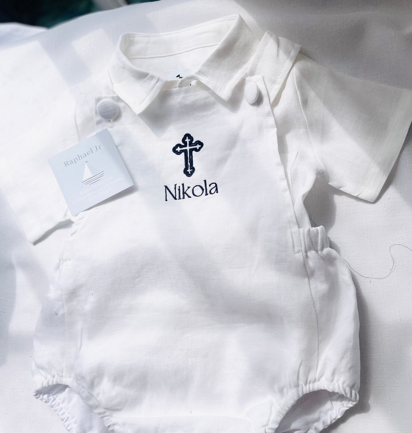 White linen Baptism romper overalls and linen shirt set