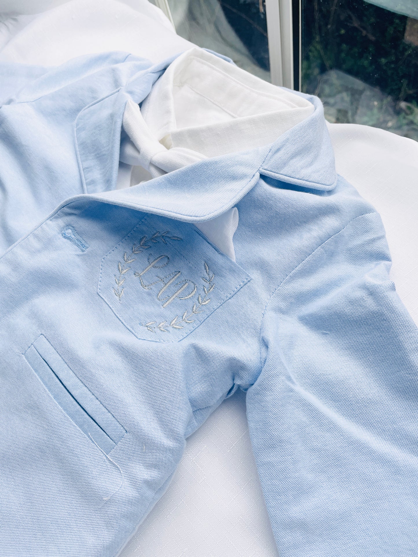 White and blue linen Baptism or Wedding Suit with Accessories and Embroidery Available