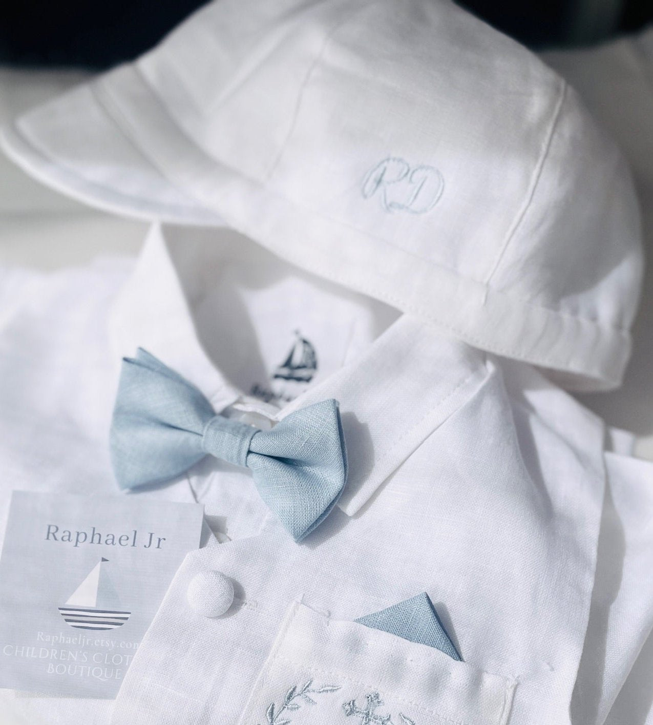 Baby and Toddler Boys white linen full length set with vest, shirt, pants, suspenders and bowtie plus optional blue blazer