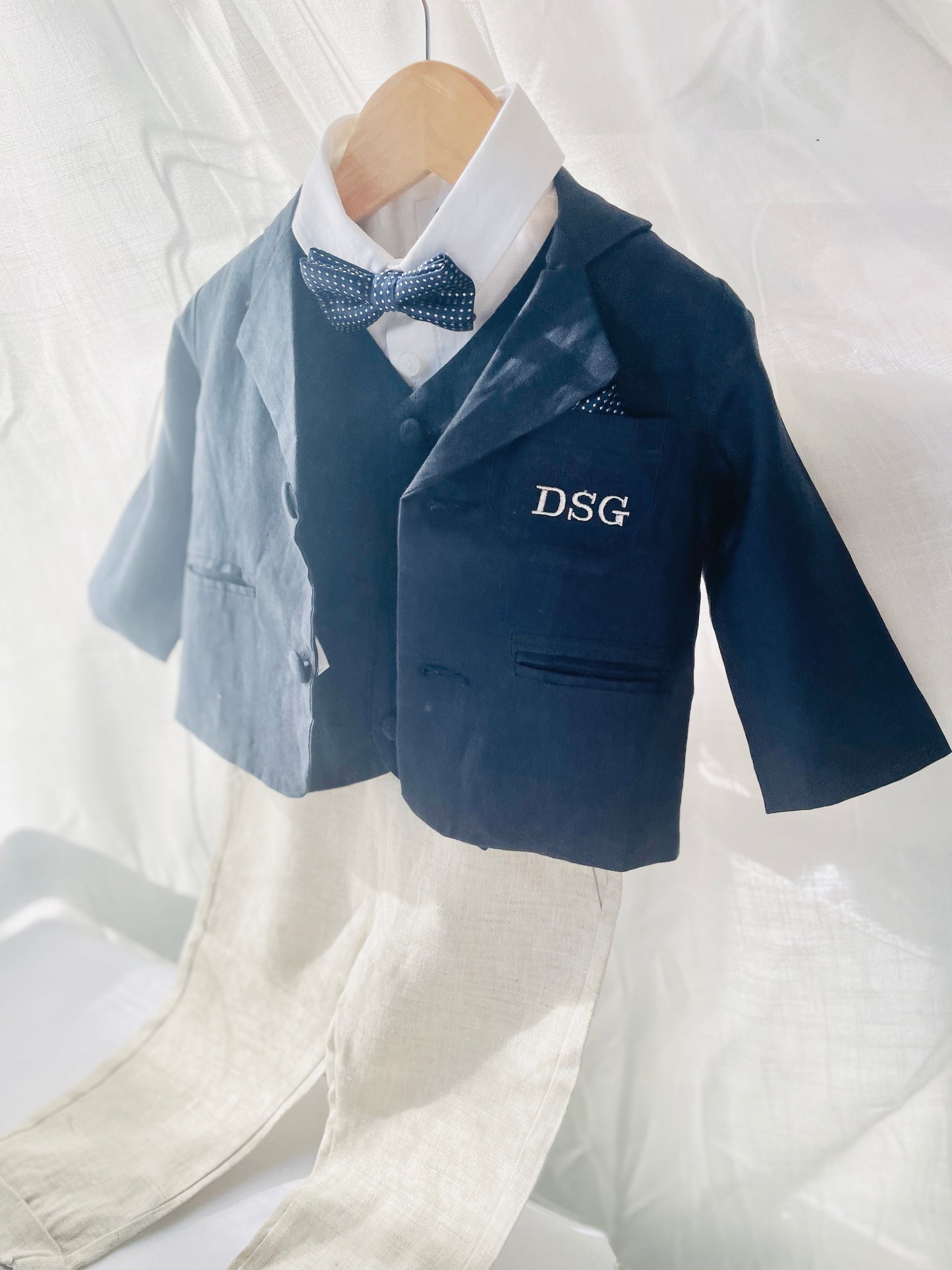 Navy blue linen suit with vest, pants, shirt, suspenders and bow tie plus optional jacket, embroidery, shoes and cap