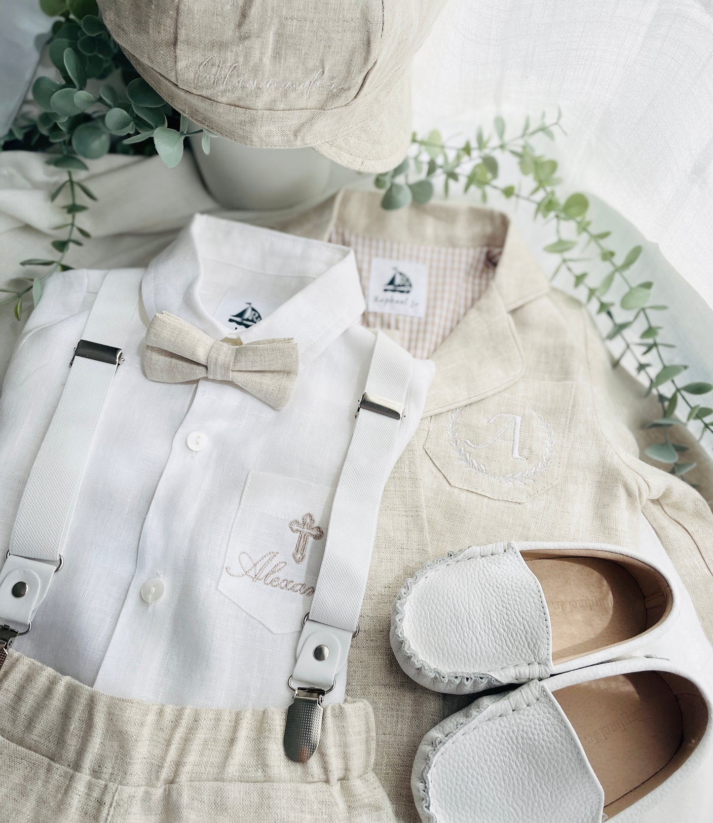 Beige linen suit with optional jacket, cap and shoes.