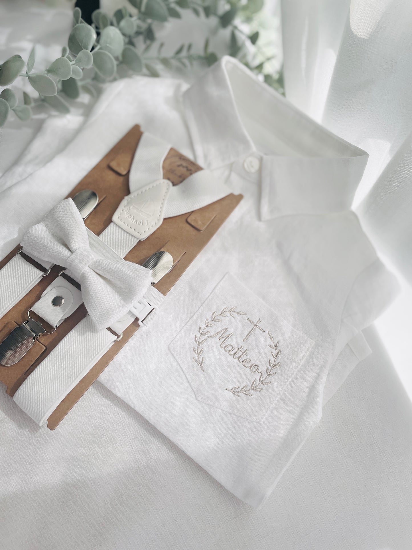 White and blue linen Baptism or Wedding Suit with Accessories and Embroidery Available