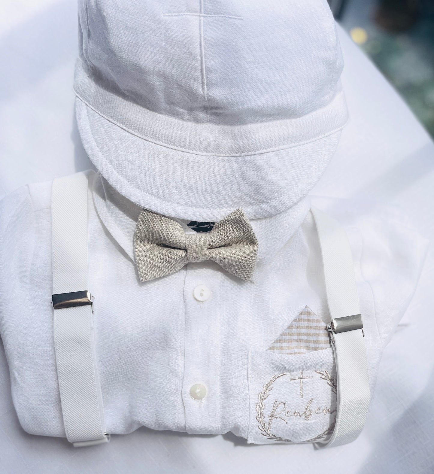 White linen Baptism Suit set with Accessories and optional Embroidery