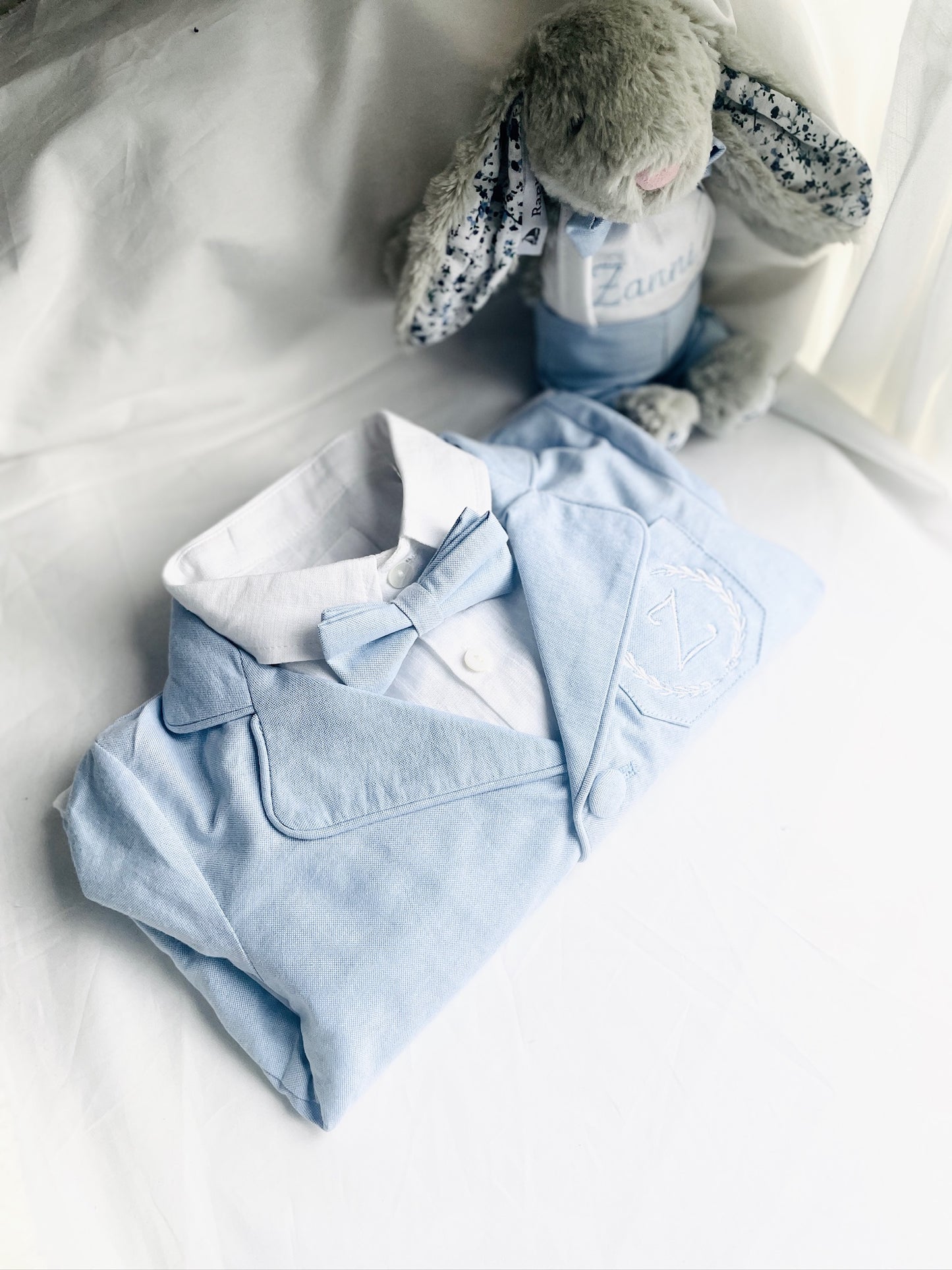 pale blue chambray summer set with shorts, shirt, suspenders and bow tie plus optional extras