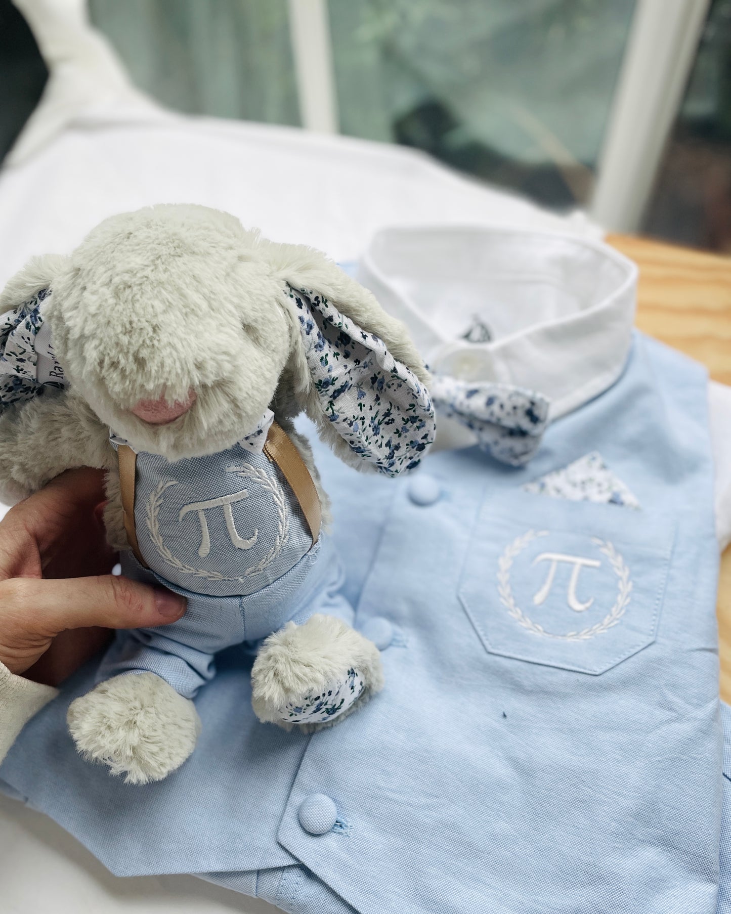 Baby and Toddler Boys pale blue chambray set with vest, pants, linen shirt, bowtie and suspenders, plus optional jacket cap and shoes