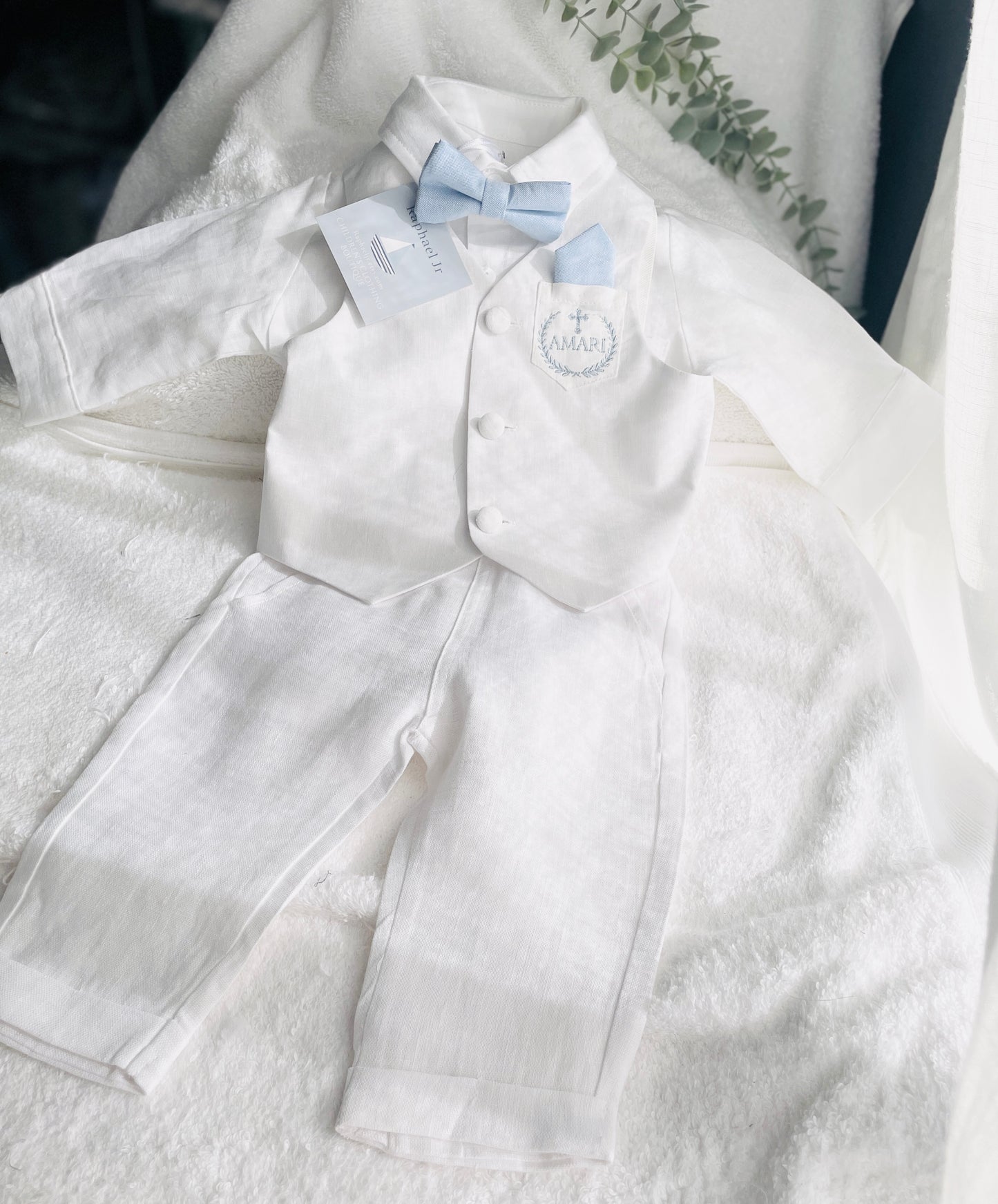 Baby and Toddler Boys white linen full length set with vest, shirt, pants, suspenders and bowtie