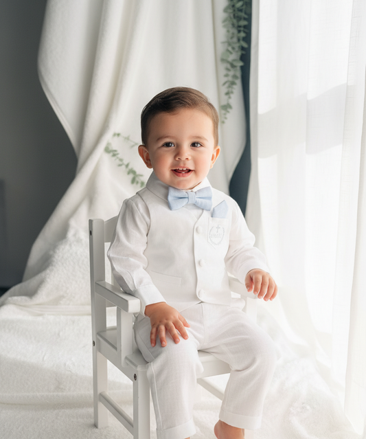 Boys white linen full length Baptism set with vest, shirt, pants, suspenders and bow tie