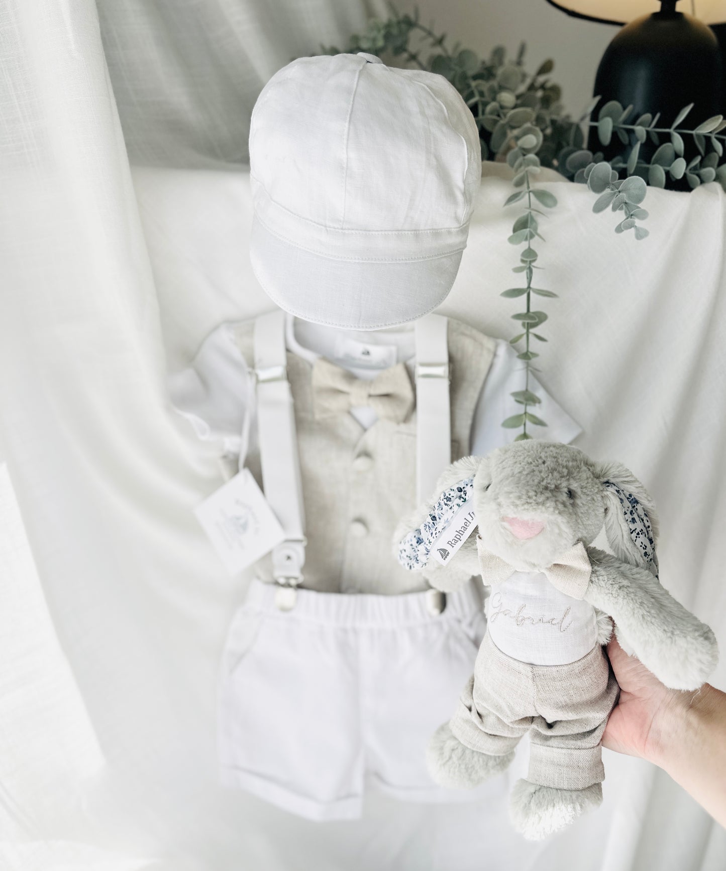 Boys white and beige cotton Baptism wedding set with vest onesie, shorts, suspenders and bow tie