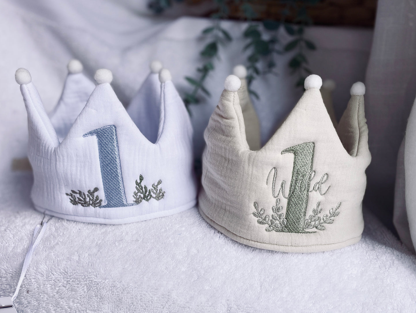 Beige or white Linen Birthday crown hat with embroidery