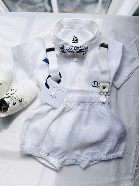 Baby and Toddler Boys white linen baptism suit with bloomers