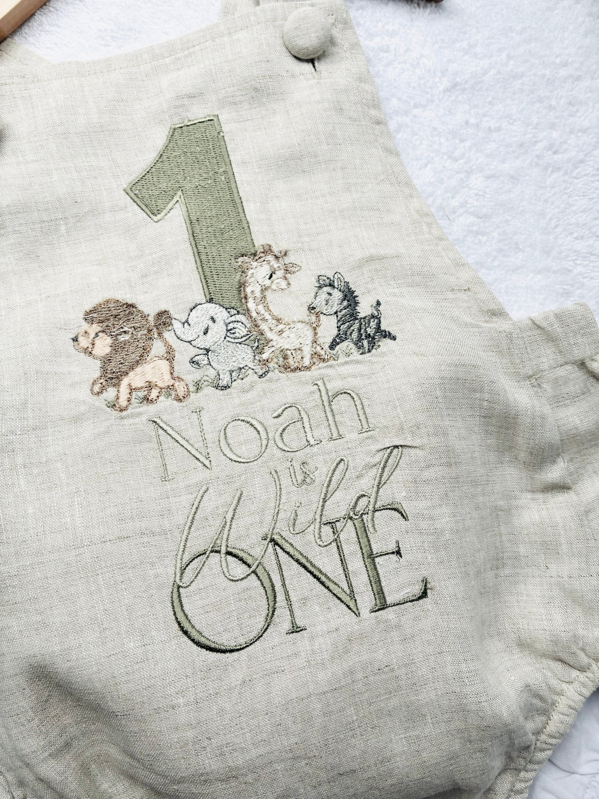 Boys Beige Linen First Birthday romper Pooh Bear and other designs