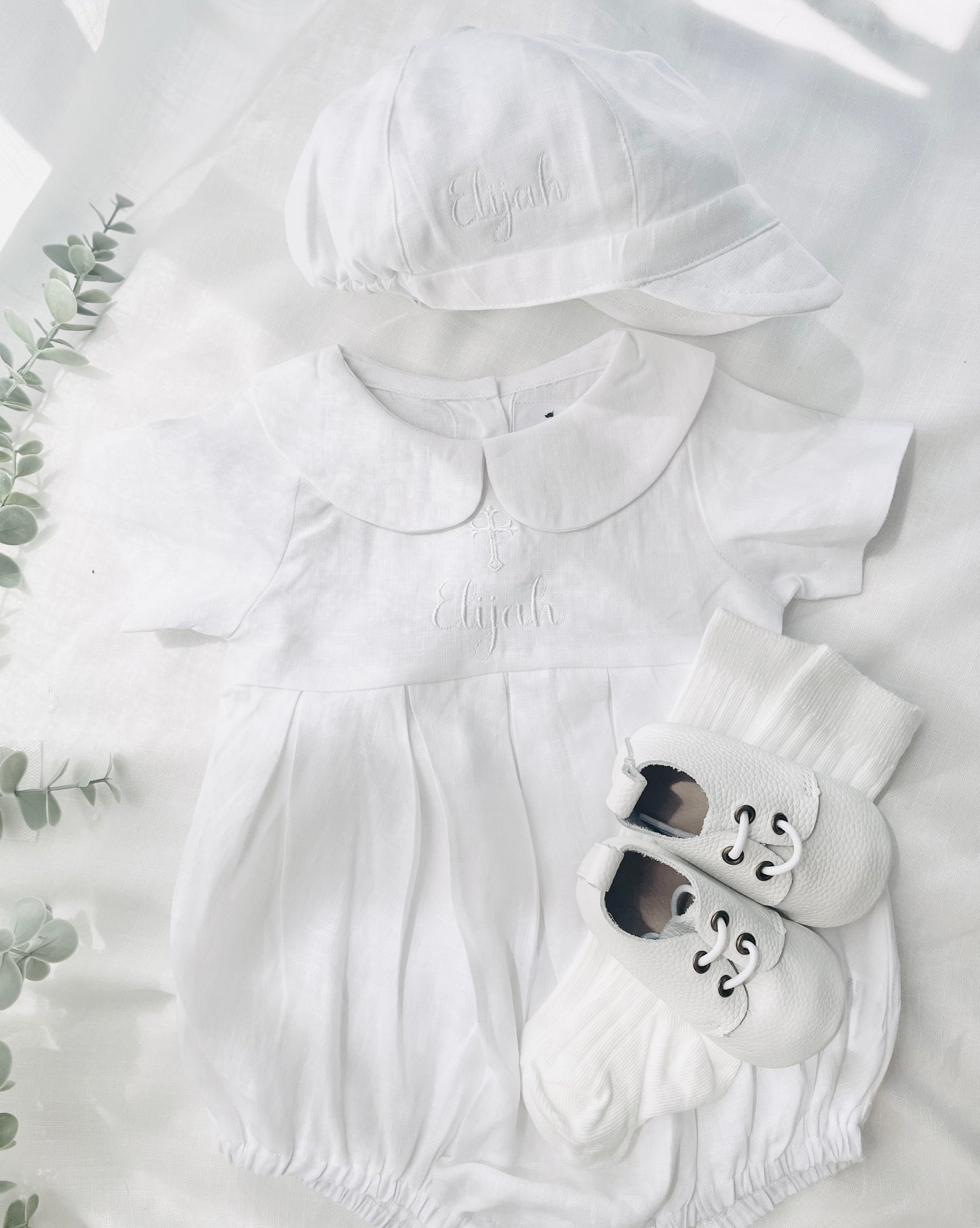 Linen Baptism peter pan collar romper outfit with optional embroidery customisation