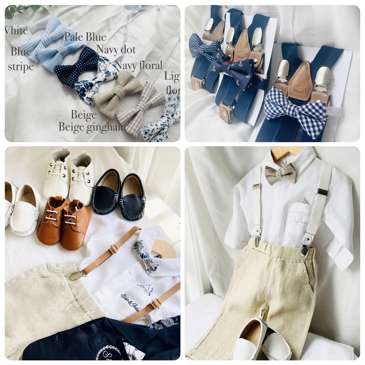 Beige linen pants and shirt set with bowtie and suspenders and optional personalisation