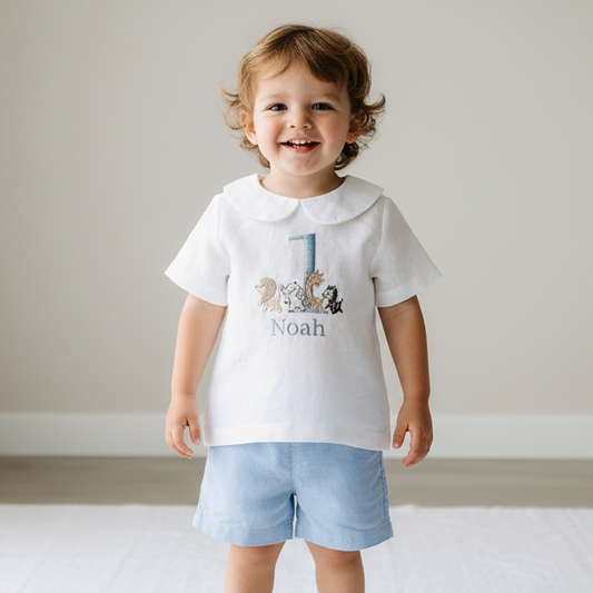 Blue and white linen first Birthday and Baptism blouse with suspender shorts set