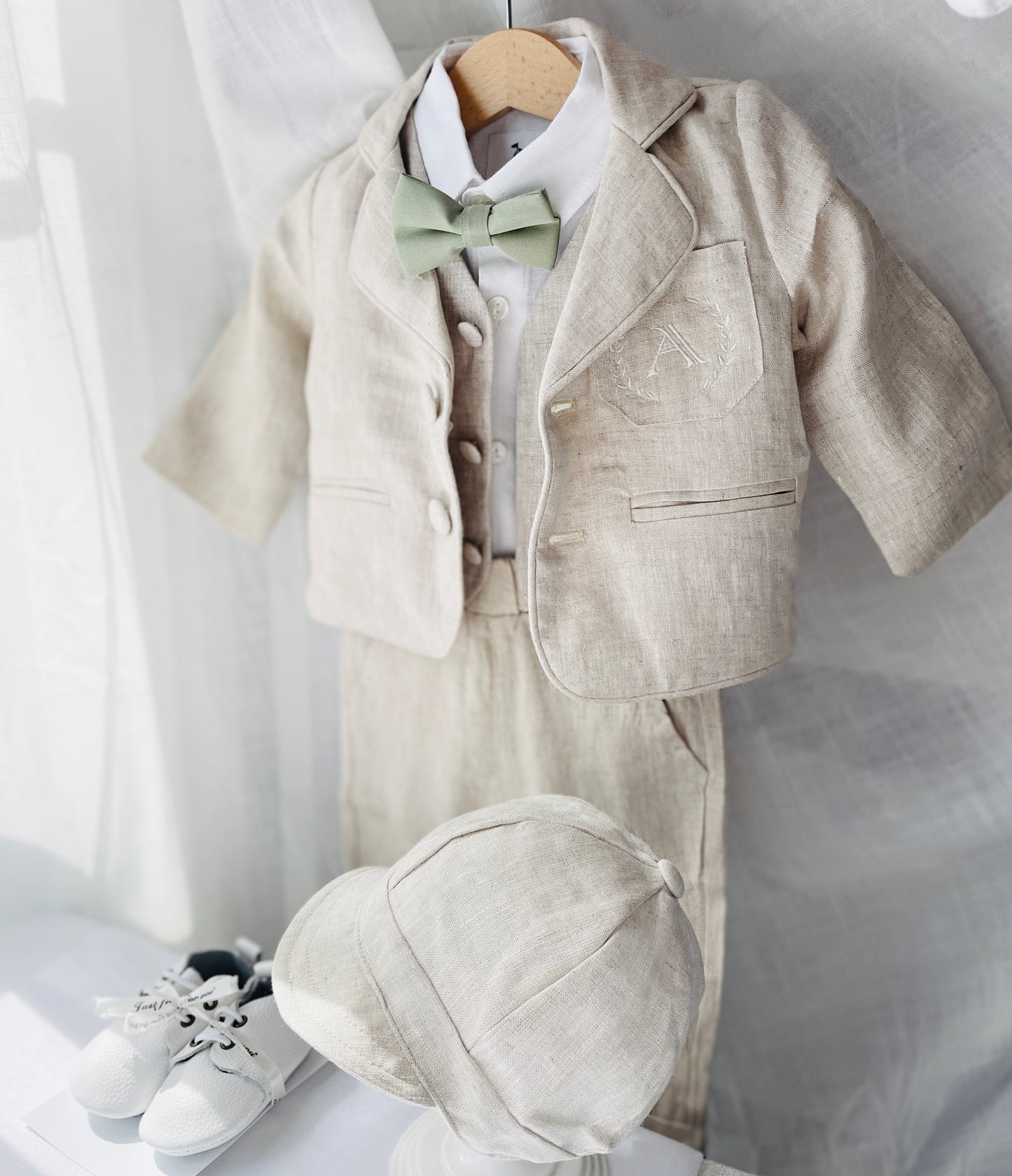 Beige linen set with vest, shirt, pants, suspenders and bowtie plus optional jacket, cap and shoes