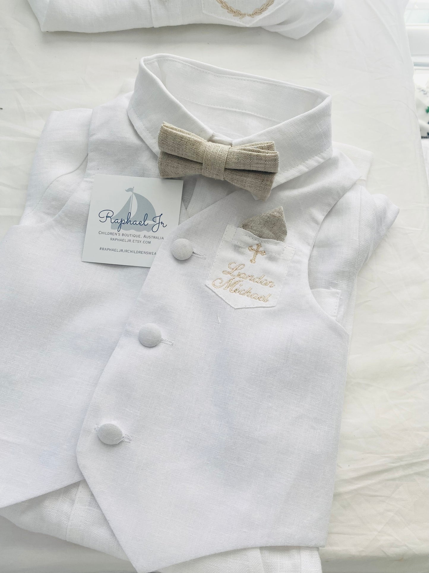 Baby and Toddler Boys white linen summer set with vest, shirt, shorts, suspenders and bowtie