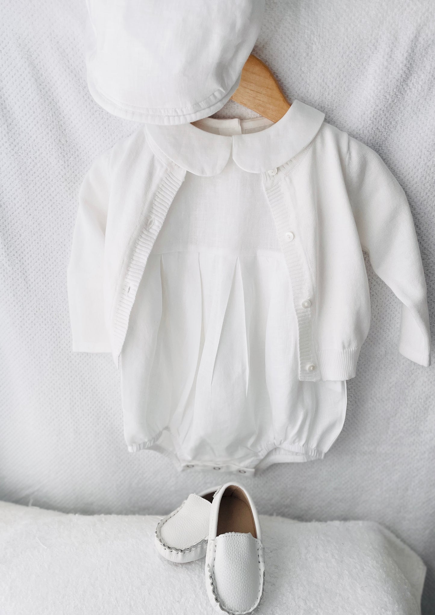 Linen Baptism peter pan collar romper outfit with optional embroidery customisation