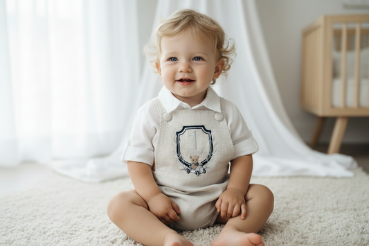 Beige and white linen and cotton baptism romper and linen shirt set