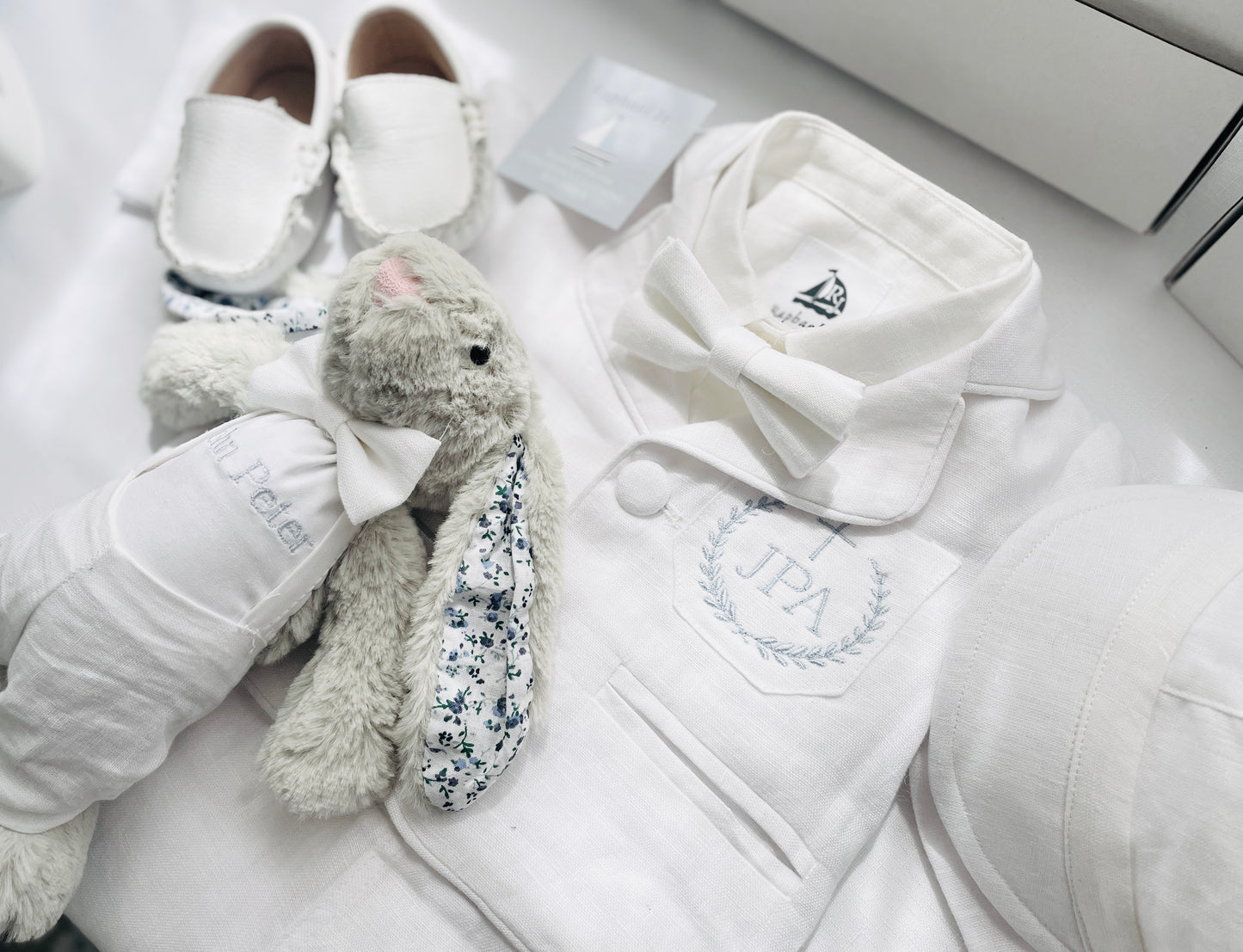 Baby and Toddler Boys white linen full length set with vest, shirt, pants, suspenders and bowtie