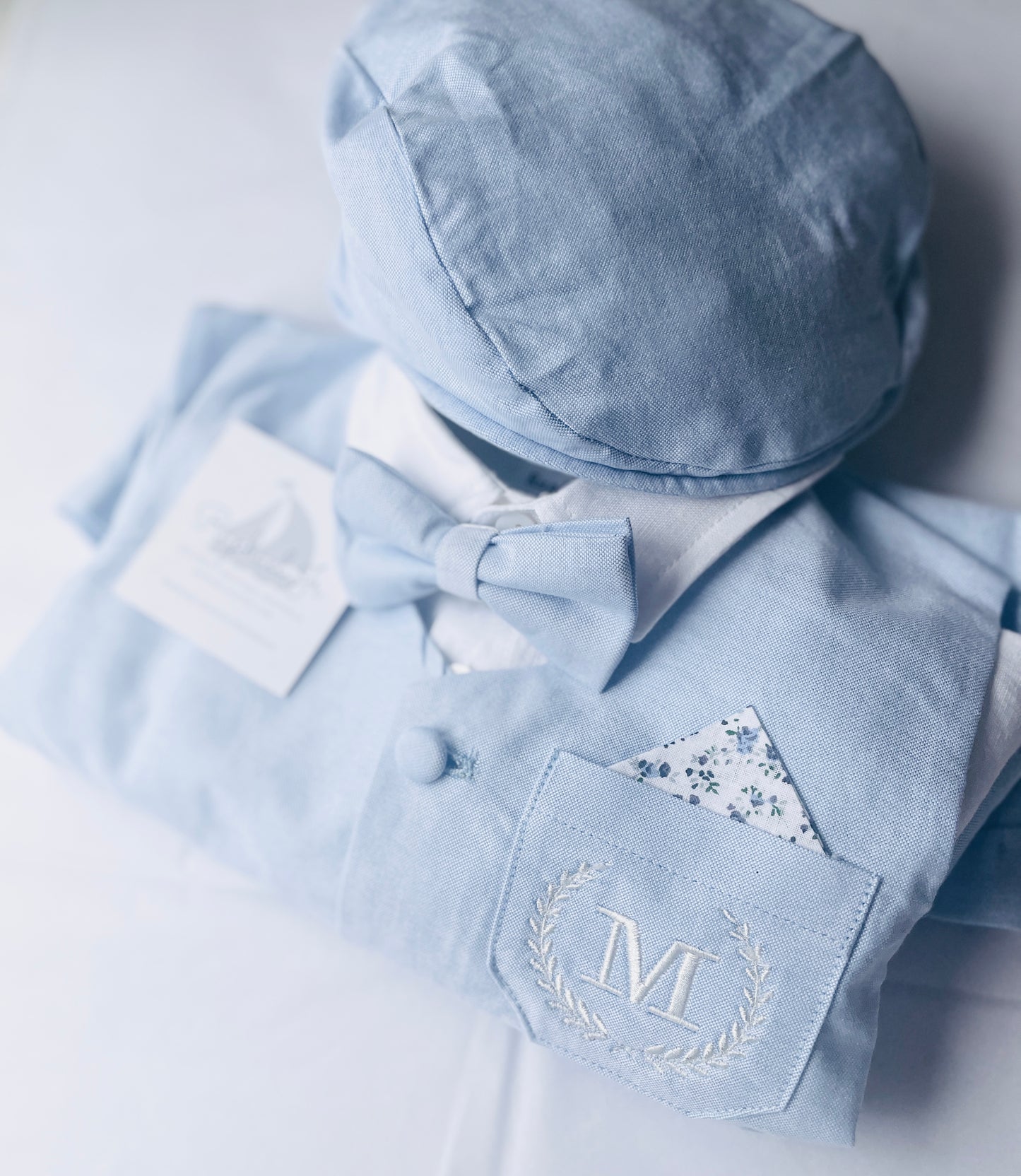 Baby and toddler boys pale blue chambray suit with blue vest, pants and jacket