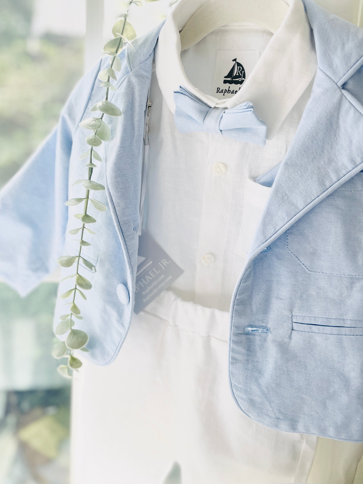 White and blue linen Baptism or Wedding Suit with Accessories and Embroidery Available