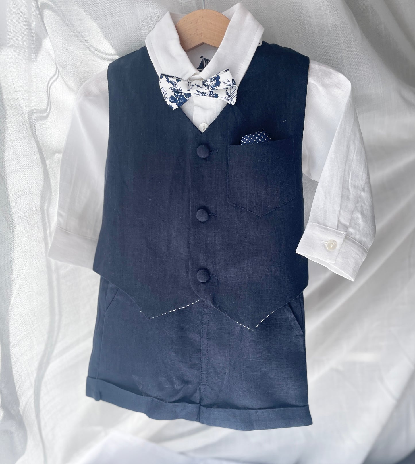 Navy blue linen summer set with vest, shorts, shirt, suspenders and bow tie plus optional jacket, embroidery, shoes and cap