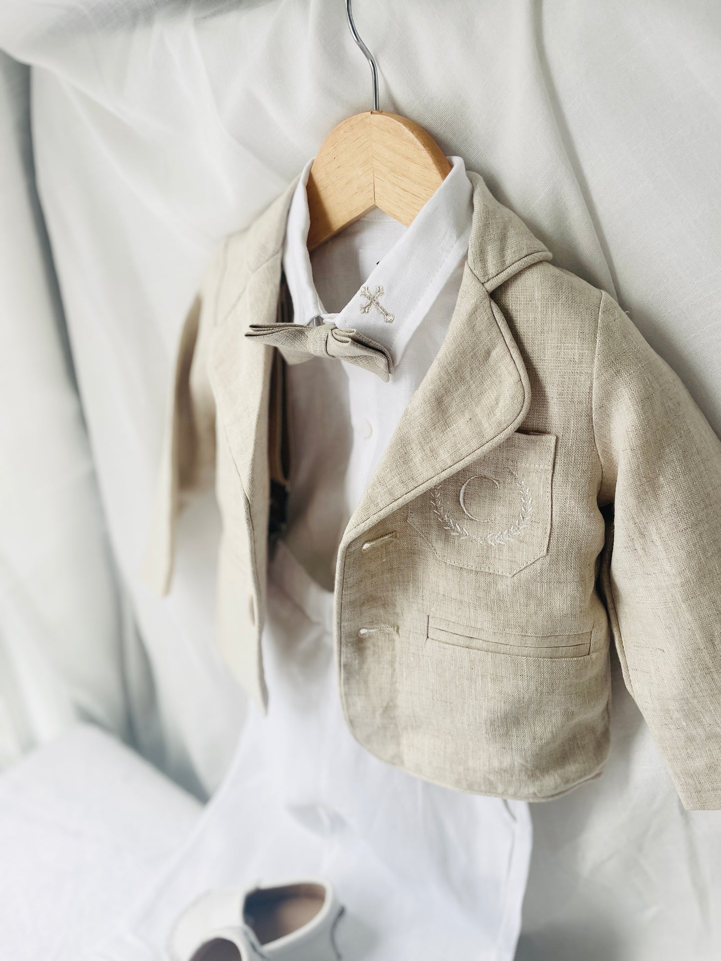 White and Beige Linen Set with optional Jacket Accessories and Embroidery Available