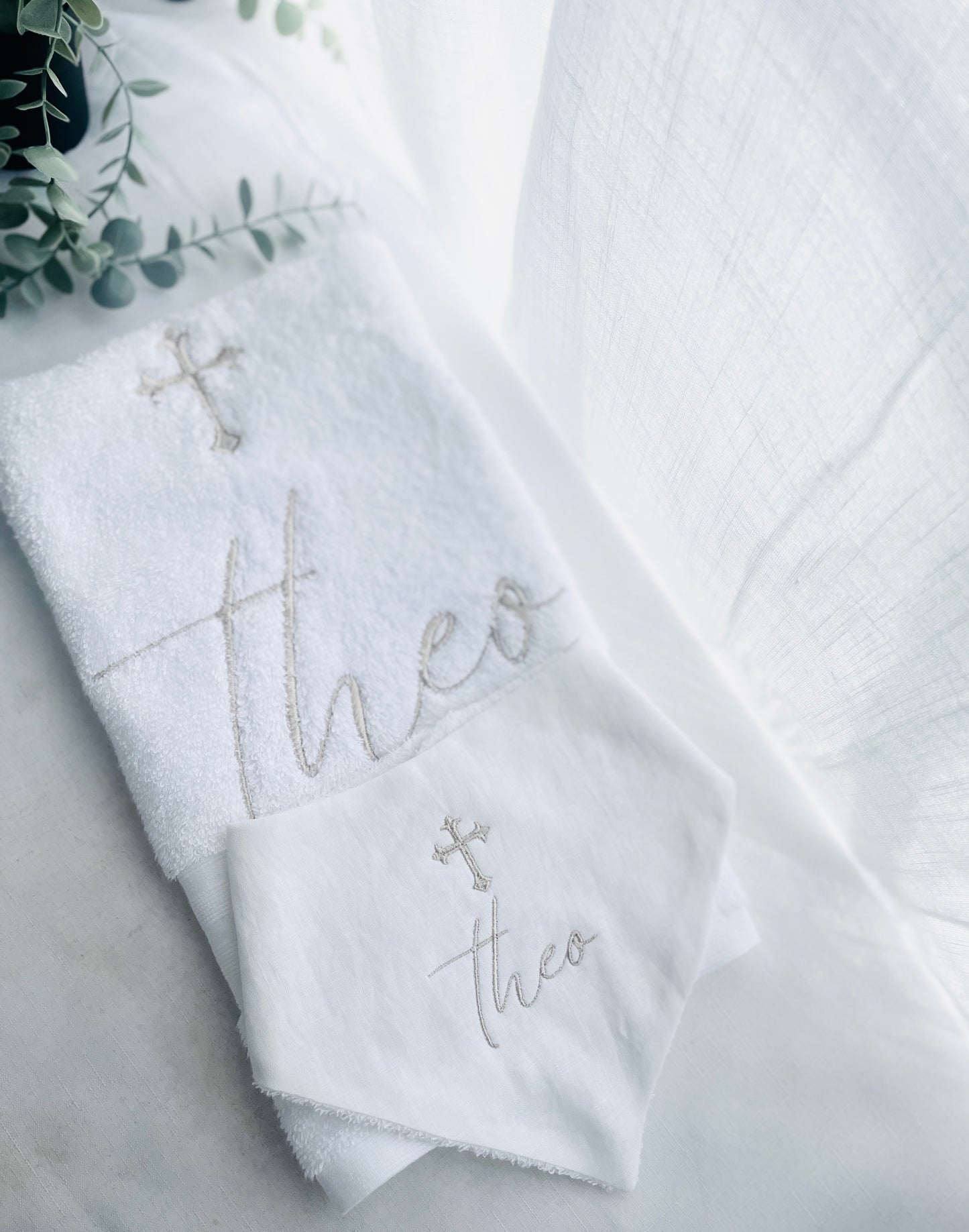 Personalised baptism christening hand towel with embroidery and optional bib