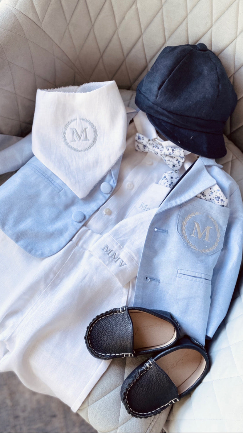 Boys white and blue linen summer baptism suit