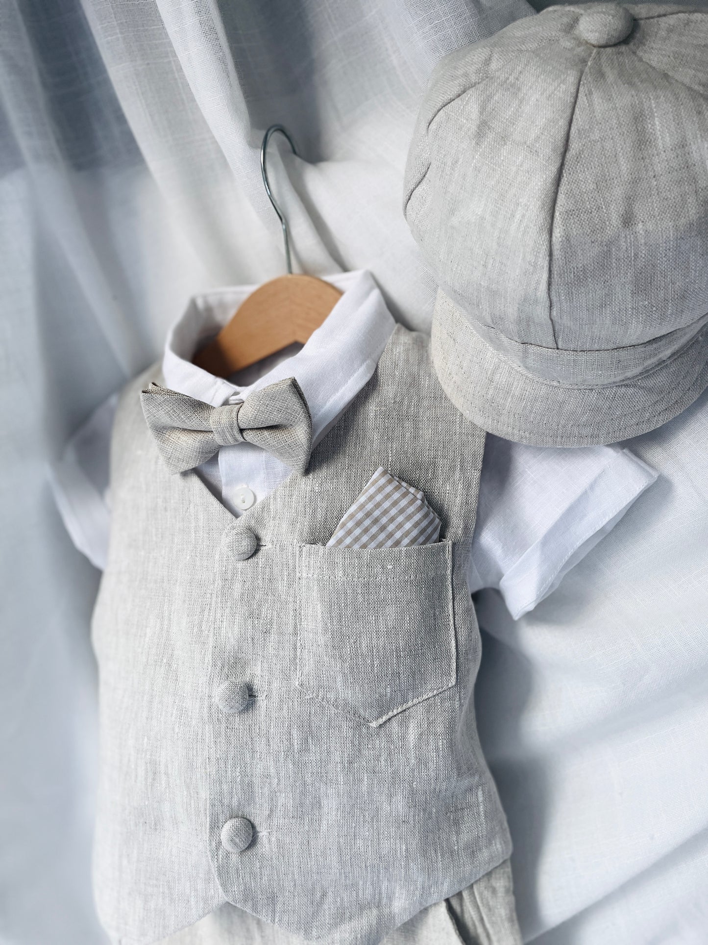 Beige Linen Shorts Shirt Suspenders and Vest set with Optional Cap Jacket and Embroidery