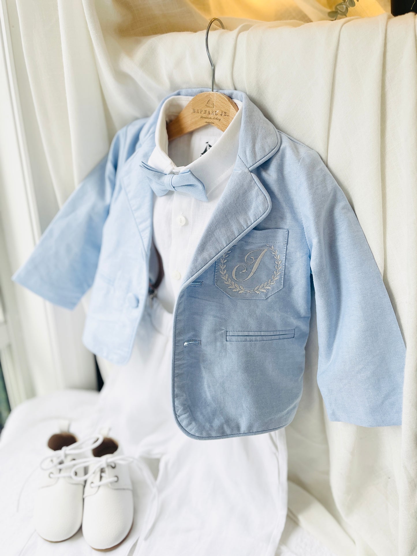 White linen Baptism Suit outfit with optional blue jacket and Accessories