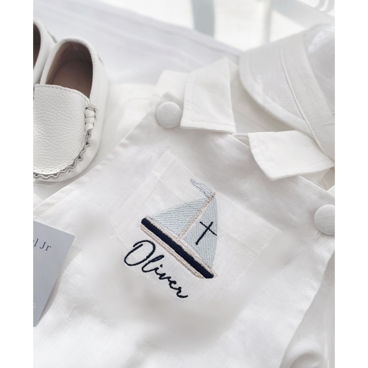 White linen Baptism romper overalls and linen shirt set