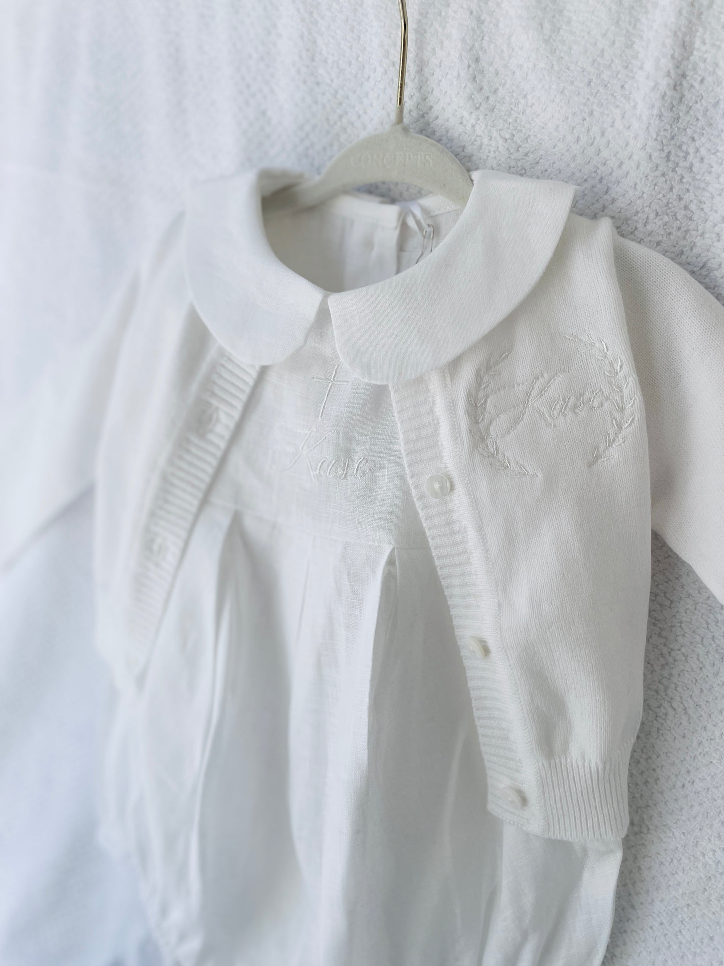 Linen Baptism peter pan collar romper outfit with optional embroidery customisation