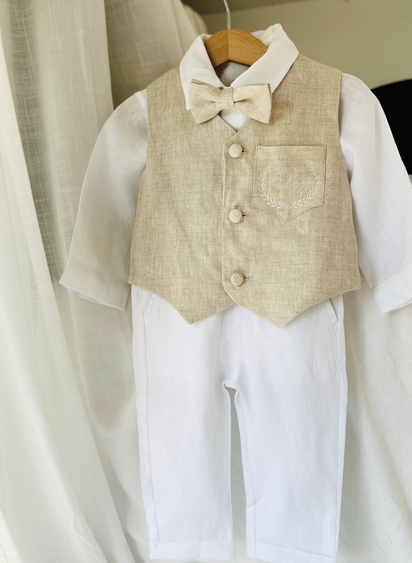 White and Beige Linen set with vest, shirt, pants, suspenders and bowtie plus optional jacket, cap and shoes