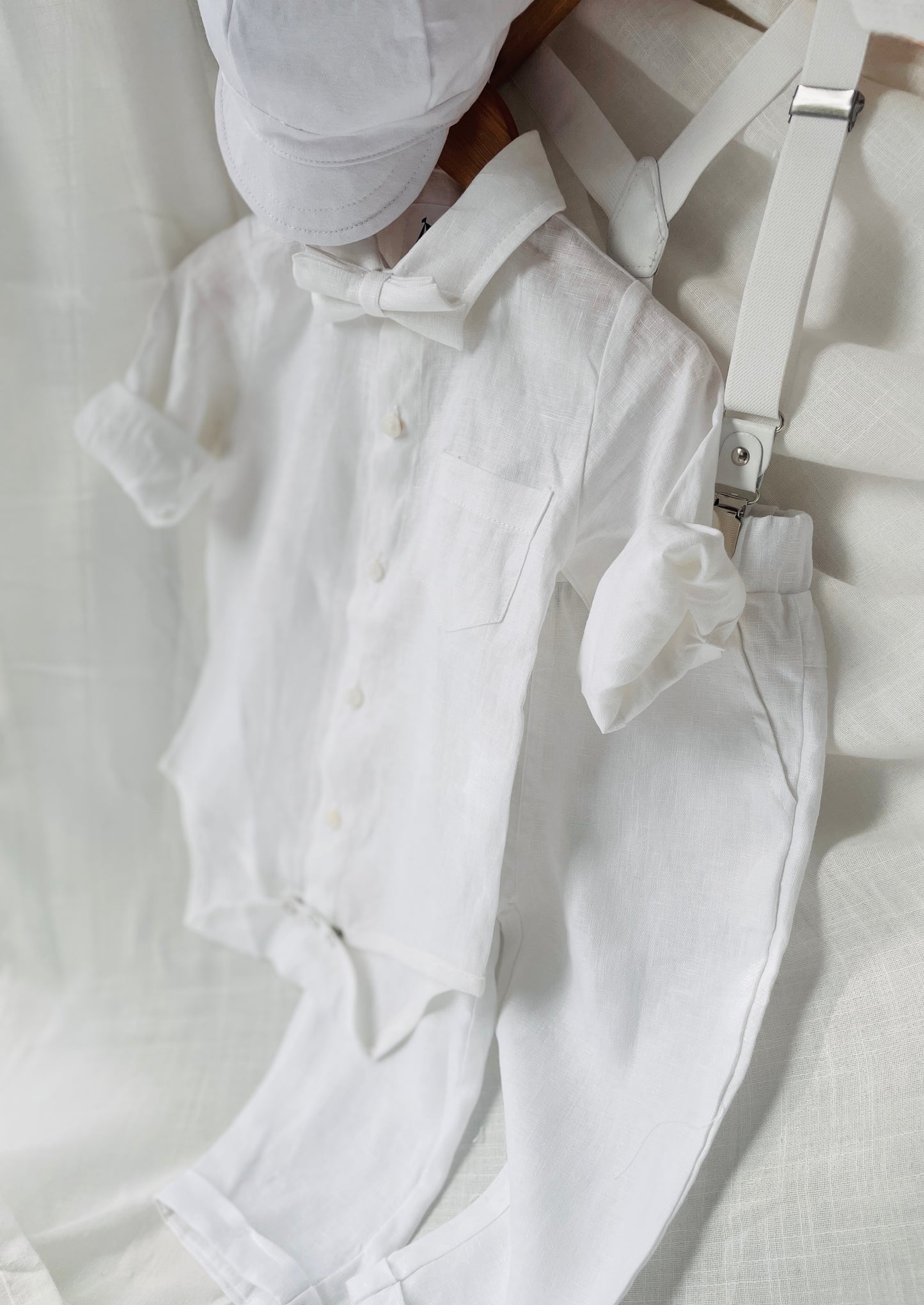 White linen Baptism suit set with pants, shirt, suspenders and bowtie plus optional extras